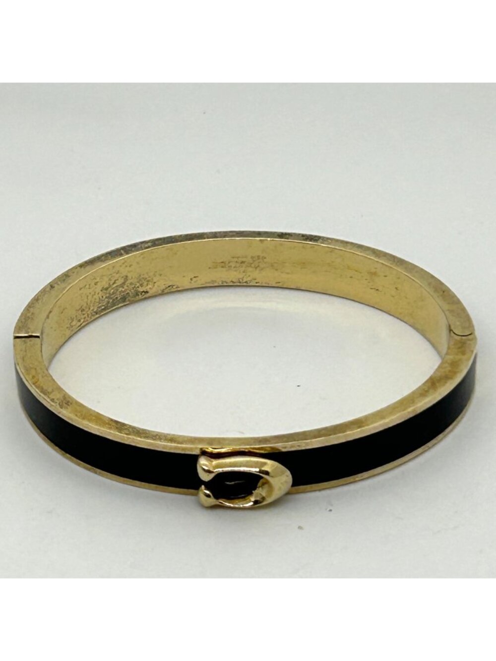 Coach Gold-Tone Black Bracelet Enamel Signature C Logo Hinged Bangle 6 3/4 in.